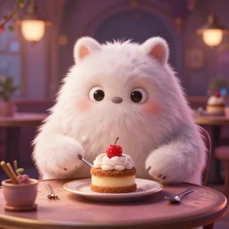 fluffy monster having a dessert in a magical cafe. award - winning 3 d animation by an indie studio, rimlighting, depth of field, limited palette, intricate details, impressionism, chiaroscuro, bokeh.