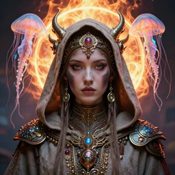 demon goddess close-up portrait tribal beautiful slavic russian monk in hooded princess queen, ancient high tech, cyberpunk, dystopian, jellyfish phoenix dragon, butterfly squid, burning halo, intricate artwork by Tooth Wu and wlop and beeple, greg rutkowski, very coherent symmetrical artwork, cinematic, hyper realism, high detail, octane render, unreal engine, 8k, Vibrant colors, Smooth gradients, High contrast, depth of field, aperture f1.2