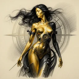pencil drawing illustration, gold bodypaint, neobrutalistic, digital abstract sculpt of beautiful female body and black swirling latex acrylic portrait, black latex sculpt, minimalism, mechanical superstructure, strong wind, sacred geometry, 8 k, cinematic, magic hour, beautiful light, sculpture of carving marble, dark colors, filigree ornaments, one point light, clockwork