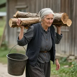 a movie still by tarkovsky of an elder woman carrying wood bucket in a burning birch forest, cinestill 8 0 0 t 3 5 mm b & w, heavy grain, high quality, noir, natural textures, photorealistic, natural textures, ambient occlusion, hd, fog, criterion collection