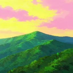 lush green distant mountains, pink anime sky clouds backlit by yellow,, high contrast, vibrant colors, vivid colors, high saturation, fantasy, artwork, aesthetic, calming, very beautiful scenery, hd, hdr, ue 5, ue 6, unreal engine 5, cinematic, 4 k wallpaper, 8 k ultra, by greg rutkowski and jesper ejsing and raymond swanland and alena aenami, featured on artstation, wide angle