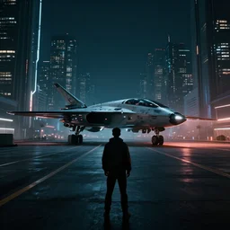 man waits for futuristic sci fi jet landed at runway of cyberpunk city, night photo ,dark cinematic lighting , digital concept art