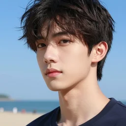 stylized anime digital close up fit young man aesthetic beach photo, noon blue sky, artgerm, ruan jia, craig mullins, sakimi, ilya kuvshinov, best selling expert art, global illumination volumetric lighting, realistic shading, highly detailed
