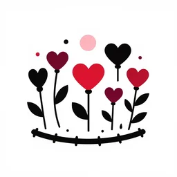 thorny garden with heart flowers. simple vector art in black, red, and burgundy on a white background. minimalist logo art, very simple.