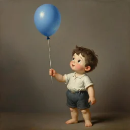 illustration of a cartoon boy holding a single balloon tied to a string, realistic painting, classical painting, high definition, digital art, matte painting, very detailed, realistic