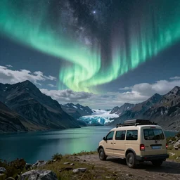 An epic fantasy style landscape painting of a Mountainrange and a lake, with a starry sky with the milkyway and breathtaking aurora and a beige Volkswagen Caddy Campervan 4x4, a glacier is viewable in the distance, unreal 5, DAZ, hyperrealistic, octane render, volumetric clouds, dynamic lighting