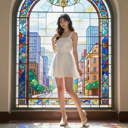 full body picture of a beautiful and cute and aesthetic girl in the city made of stained glass, model pose, bright color, sun shining through, sharp focus, highly detailed face, specular reflection, anato finnstark, lecouffe deharme, pete mohrbacher, quentin mabille, frank moth, fantasy illustration, epic light novel cover art