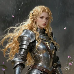 An epic fantastic realism comic book style portrait painting of a female medieval  warrior,  princess, knights  long fluffy light golden blond curls of hair, porcelain pale skin, flowers rain everywhere, Concept world Art,  unreal 5, DAZ, hyperrealistic, octane render, cosplay, RPG portrait, dynamic lighting