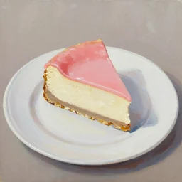 Slice of cheesecake with pink glaze on white plate, oil painting,