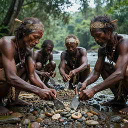 prehistoric men, asemble at the river bank in the rainforest, make stone adze from pebble, and fishing, high qulity realistic face, hyper - realistic, highly detailed, 8 k, cinematic lighting, global illumination, elegant, ornate, super detail, the light is dim, and the colours are muted. kodak etkar 1 0 0
