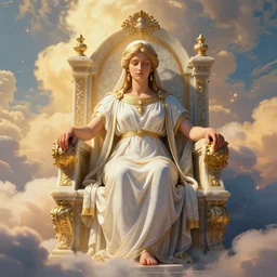 Roman priestess on an ornate marble throne surrounded by heavenly clouds, beautiful face, beautiful light, light particles, intricate artwork. octane render, trending on artstation, Greg Rutkowski, Fragonard, golden hour, symmetrical, very coherent, cinematic, hyper realism, high detail, vibrant