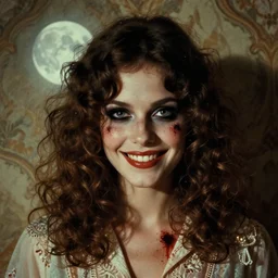 a handsome but creepy, sinister, smiling young woman, with haunted eyes and curly hair, 1 9 7 0 s, seventies, wallpaper, a little blood, moonlight showing injuries, delicate embellishments, painterly, offset printing technique