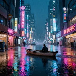 cyberpunk flooded rainy south korea, seoul, man in small row boat, reflections, cinematic lighting, photorealistic, trending on artstation, storefronts made of neon lights, hyper realistic rendering photography, unreal 5 engine render, ultra wide angle, long shot, 8 k