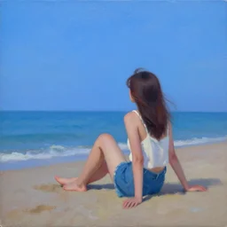 a girl sit on the beach, blue sky, summer evening, a painting by kenton nelson.