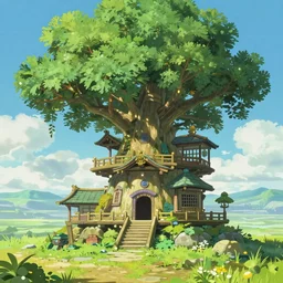detailed japanese treehouse shrine, breath of the wild, hyrule, studio ghibli artstation, 3 5 mm