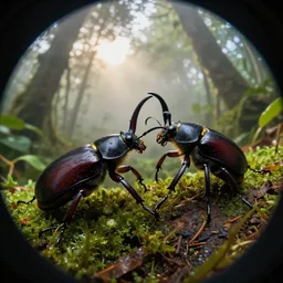 fisheye lens macro extreme close up of two dynastinae rhinoceros beetles battling in the jungle at dawn, national geographic, planet earth, volumetric light, foggy, intricate details, epic, dramatic lighting, hdr 4 k uhd