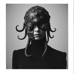 a black and white photograph of strange cybernetic cephalopodal androgyny, mandelbrot, in the style of egon schiele, jenny saville, m c escher, wassily kandinsky, piet mondrian, film photography, fashion photography, surreal, polaroid photography, soft lighting