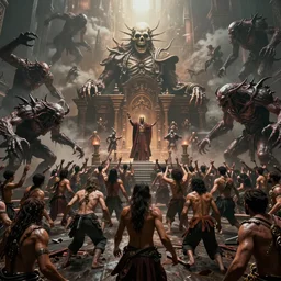 extreme long shot of a hell with people suffering, monsters, in full combat, all stand at attention beneath the death presiding over them, 8 k, unreal 5, octane render, majestic, superb, cinematic, dramatic, hyperrealistic, ultra detailed, award winning, breathtaking, groundbreaking, special effects, cgi art, volumetric lighting, photoshopped, intricate digital art