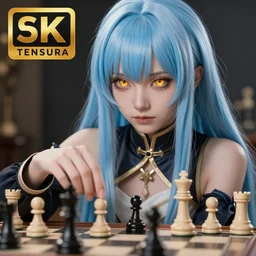 rimuru tempest from tensura playing chess, with amber eyes of golden colored eyes, straight hair, sky blue hair, long bangs, high collar, concept art, award winning photography, digital painting, cinematic, wlop, 8 k, by ross tran, tom bagshaw, andy warhol