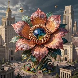colossal psyhedelic alien predator flower made from worst unfulfilled mankind projects in the middle of abandoned post soviet constructivist cityscape, Stalinist architecture, ultradetailed, Intricate by Niruyoshi Ohrai and Hayao Miyazaki and Josan Gonzalez and Makoto Shinkai and Giuseppe Arcimboldo and Wes Anderson