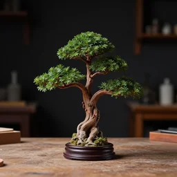 bonzai tree on a desk in a dark carpentry room, nighttime, close up, studio lighting, dark backdrop, 3 3 mm