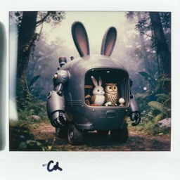 dark night oversized battle rabbit robot chubby fatmech trailer wacky!! ehicle with big ears with rabbit and owl sitting inside, in jungle forest peak, full body, nighttime, cinematic focus, polaroid!! photo, vintage, neutral dull colors, soft lights, foggy, overcast by oleg oprisco, by thomas peschak, by discovery channel, by victor enrich, by gregory crewdson