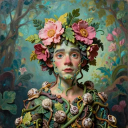 eadshot of a trickster nature man, head made of fruit and flowers in the style of arcimboldo, fragonard, covered with tendrils and snail shells, oil painting, ethereal, atmospheric lighting, action figure, clay sculpture, claymation, turquoise pink and green, botanical rainbow backdrop