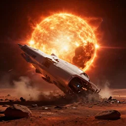 starship crashes upon the red planet, sun bursts