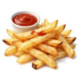 french fries pile, burnt with ketschup - t