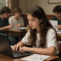 an e - girl learning python. a team is using planning poker in the background in the style of a norman rockwell painting