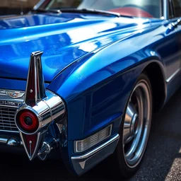 a deep blue glossy cadillac 1 9 5 7 coupe, car is textured with an airbrushed painted cybercity, long shot, daylight, nikon photography, 3 5 mm