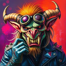 portrait of a scifi apocalyptic demonic orcish goblin biker character, cool pose, psychedelic vibrant colors, futuristic punk rock fashion, oil painting by michael whelan art, sharp focus, realistic, biker goggles, 8 0 s hair, studded leather jacket, 8 k