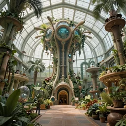 Matte painting of the interior view of giant botanical museum. Biological architecture. Fantastical biopunk, detailed digital art trending in artstation