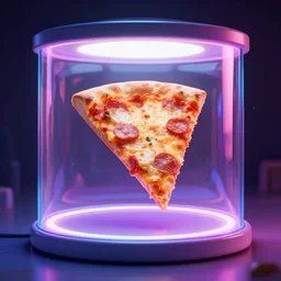 a slice of pizza floating in an isolation tank, product photography, digital art; neon