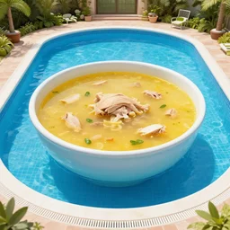 a giant swimming pool but instead of water it is chicken soup