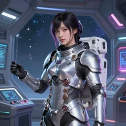 portrait armored astronaut girl, control spaceship at commander room, ssci-fi, neon light and galaxy light effect, fantasy, intricate and very very beautiful and elegant, highly detailed, digital painting, artstation, concept art, smooth and sharp focus, illustration, art by tian zi and WLOP and alphonse mucha