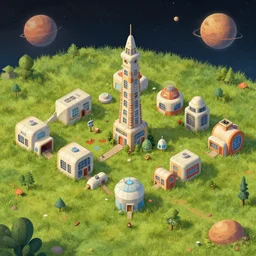 a small colony with the buildings made from modular capsules, on an alien grassland, on an alien planet, from a space themed isometric game, art inspired by thomas kinkade