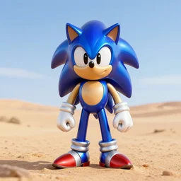 a still of metal sonic the hedgehog made out of radioactive material, in the desert, blue highlight, mecha, highly realistic, hyperrealistic, hyperdetailed, anime, artstation, perfect cut, unreal engine 5 detail, from sonic, gta cover art