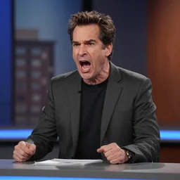 Movie still of Bob Odenkirk playing Alex Jones shouting angrily during a broadcast, cinematic lighting