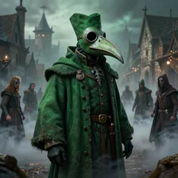 A fancy portrait of a green Plague Doctor with a beak like mask on in a medieval village filled with toxic fumes by Greg Rutkowski, Sung Choi, Mitchell Mohrhauser, Maciej Kuciara, Johnson Ting, Maxim Verehin, Bloodborne, 8k photorealistic, volumetric lighting, HD, high details, dramatic, dark atmosphere, trending on artstation
