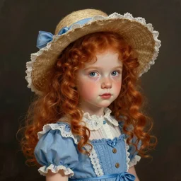 a digital matte painting greeting card style of an small cute girl, with curly red hair, freckles, blue frilly dress and hat whimsical, by magali villeneuve