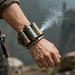 A steampunk wristband that shoots out a grapple using steam canisters, epic fantasy art style HD