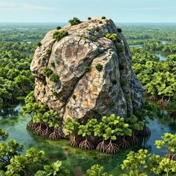 giant rock, swamp, mangrove, intricate, elegant, highly detailed, 3 d perspective view, vivid colors, john park, frazetta, sparth, ruan jia, jeffrey catherine jones