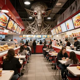 a fast food restaurant interior filled with people inspired by HR Giger