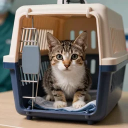 scared little back cat in a cat carrier at the vet