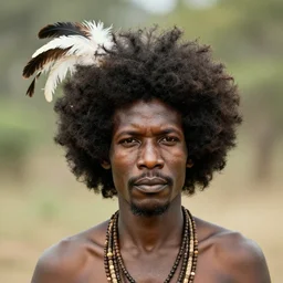 very old photo depicting a black native man with afro and feathers in hair, hyper realism, photo real, photographed by thomas easterly, full frame,,
