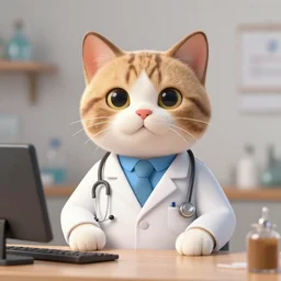 a cat who is a doctor. photorealistic 3 d rendering.
