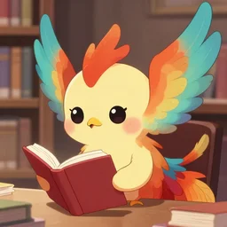 anime painting cute phoenix looking at a book. inquisitive, kawaii, cute, adorable, chibi, digital art, trending on artstation, stylized, colorful feathers, background = library, anime art by Aokamei and Ross Tran
