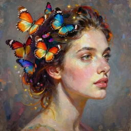 A beautiful portrait painting of a woman. The woman is looking to the right and colorful butterflies emerge from her head. Art by Sandra Chevrier.