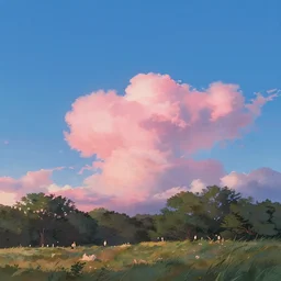 a deep blue sky with pink cloud, an open field of people prospect park anime film studio ghibli golden hour sunset